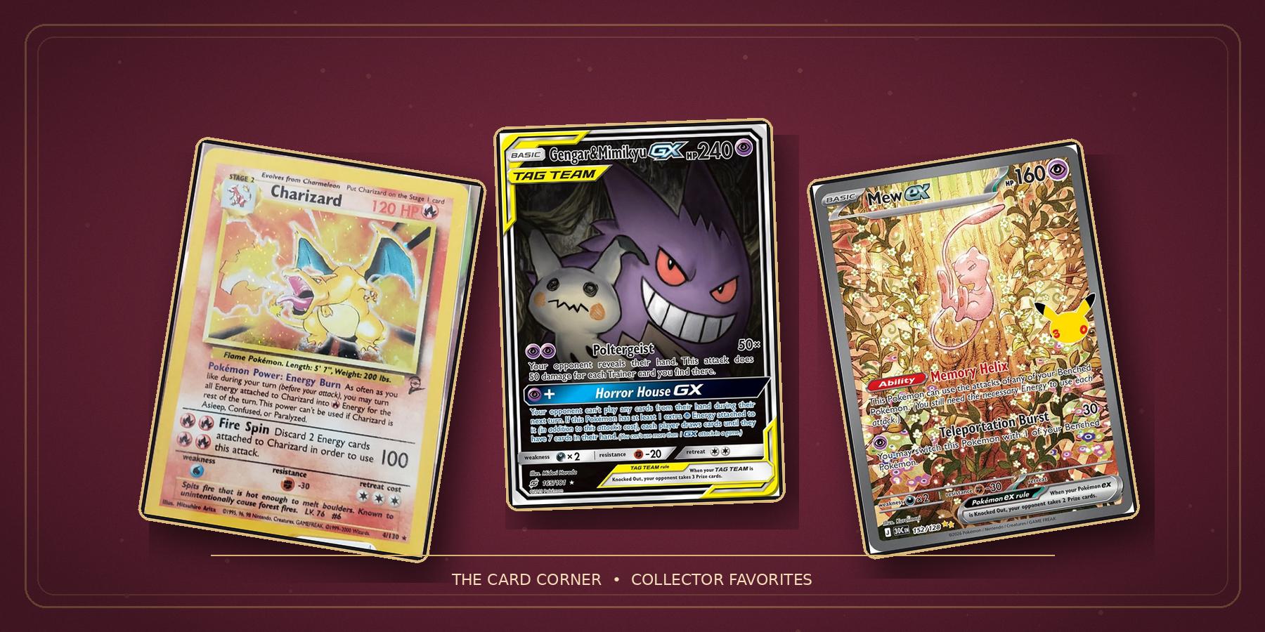 Charizard, Gengar and Mimikyu GX, and Mew EX Pokemon cards.